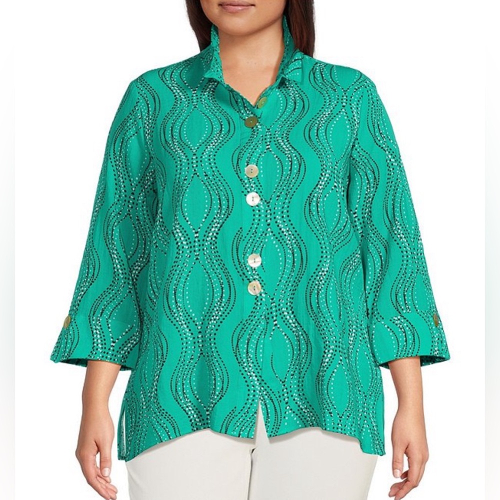 NWT Ali Miles Size L Wavy Dotted Lines Cuffed Sleeve Button-Front…